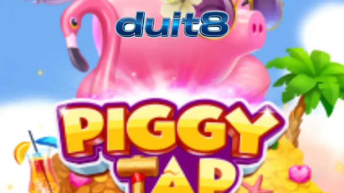 Tampilan visual Piggy Tap dengan babi merah muda di atas pelampung flamingo